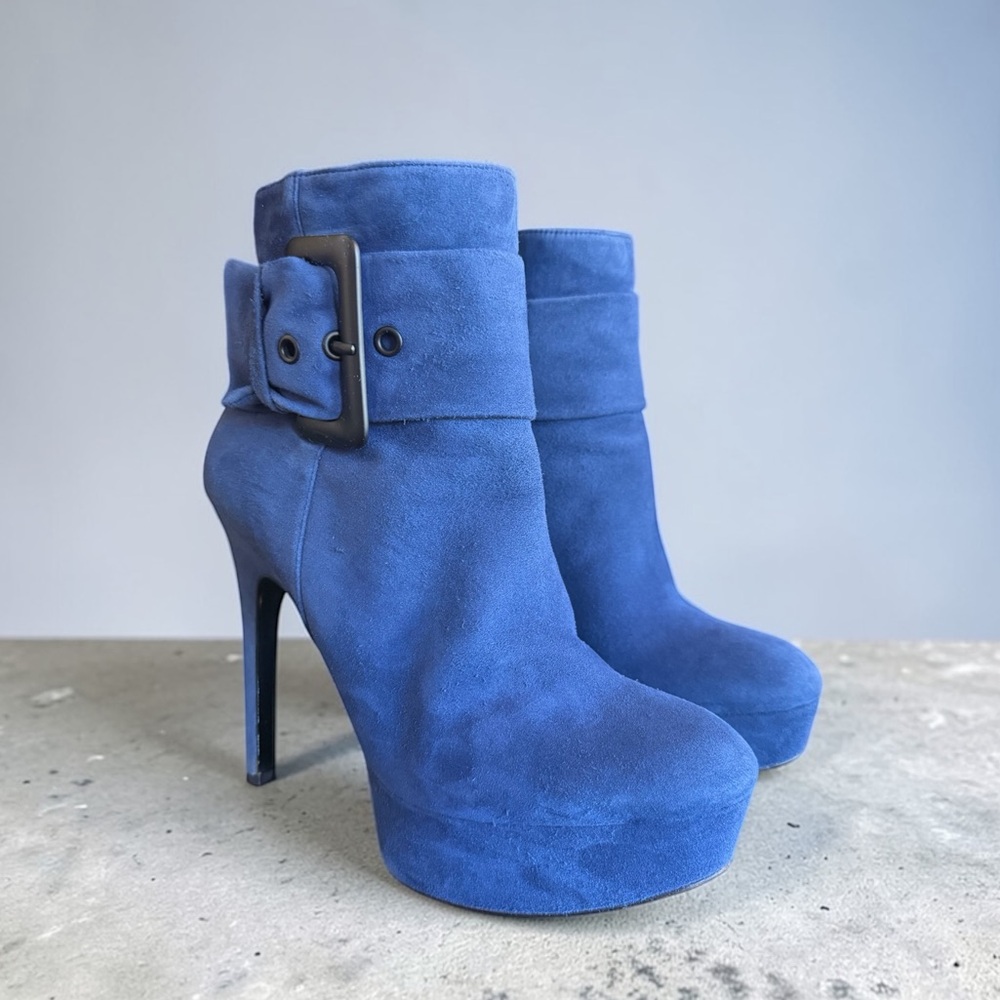 Via Spiga Navy Suede Platform Ankle Boots with Buckle